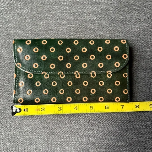 Vintage Handmade Green & Tan Polka Dot Leather Wallet. Pre-owned EUC - Picture 2 of 8